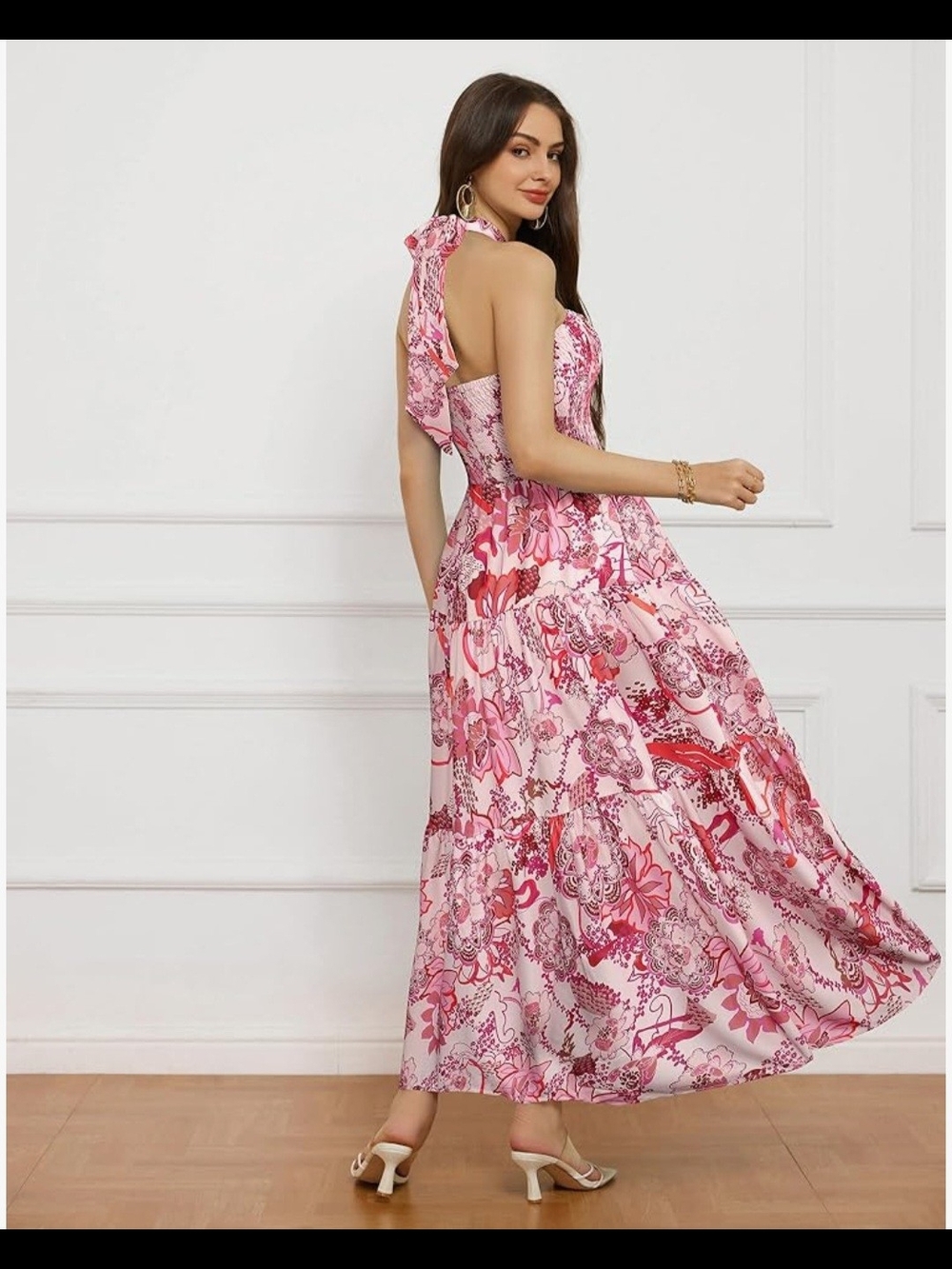Grace Karin Pink and White Floral Halter Maxi Dress - Picture 2 of 5